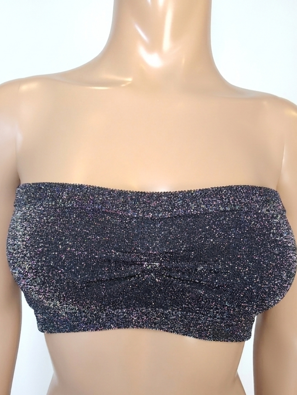 bebe Metallic Sparkle Bandeau Bra Top Black Silver Ruched Tube Top Medium Large